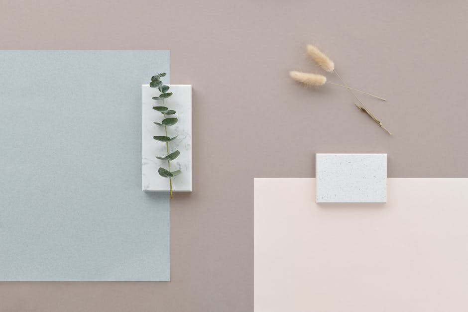 Stylish minimalist flat lay with eucalyptus on marble and neutral tones, perfect for backgrounds.